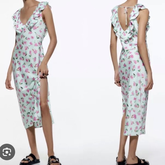 Mint Green Floral Satin Midi Dress - Picture 1 of 7